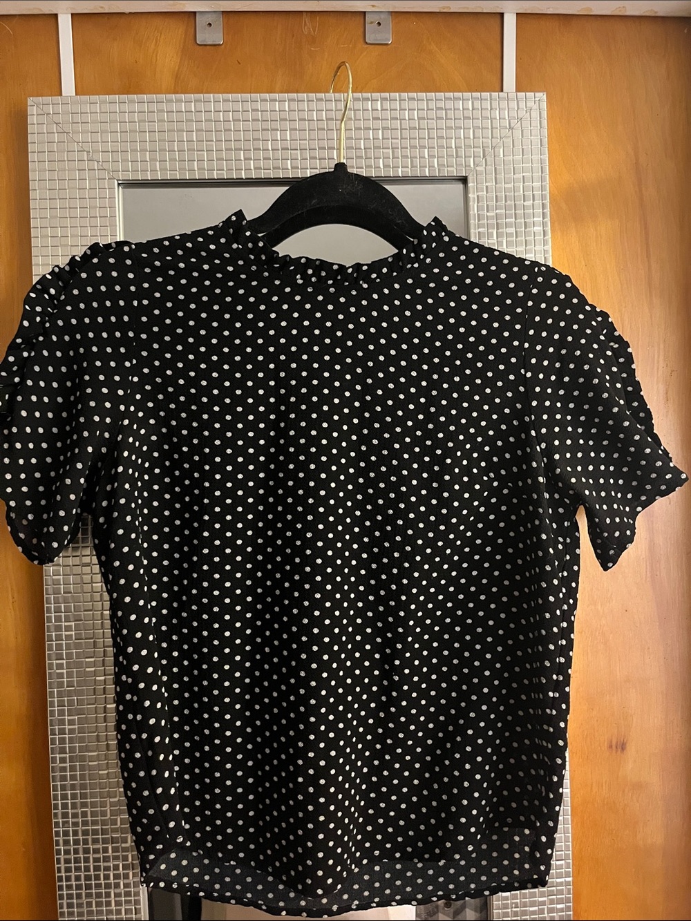 Monteau Black Polka Dot Short Ruffle Sleeve Mock Neck Blouse